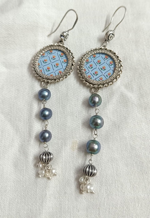 Silver Blue Painting Earrings