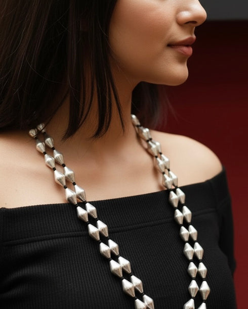 Two Line Dholki Beads Silver Necklace