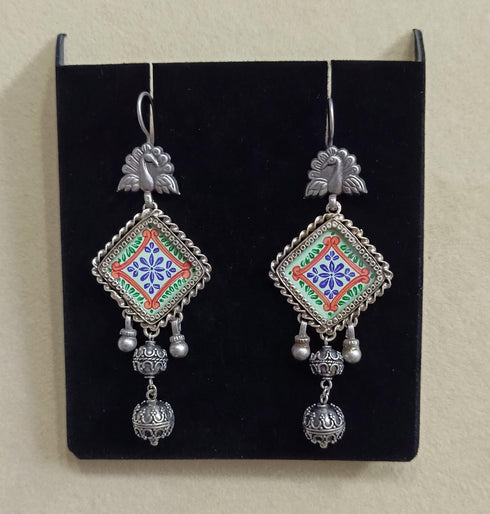 Peacock Handpainted silver hook earrings