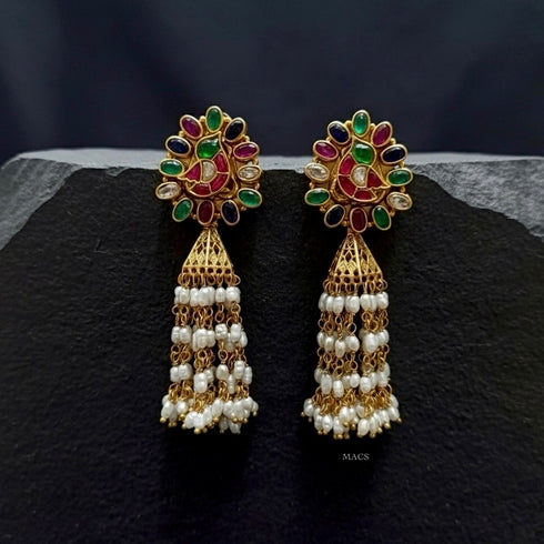 925 Multi Kundan Pearl Jhumka