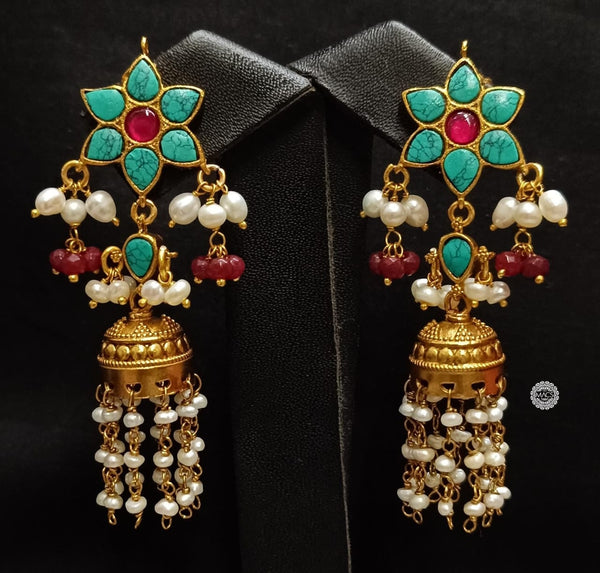 Turquoise- Kundan Flower Pearl Jhumka