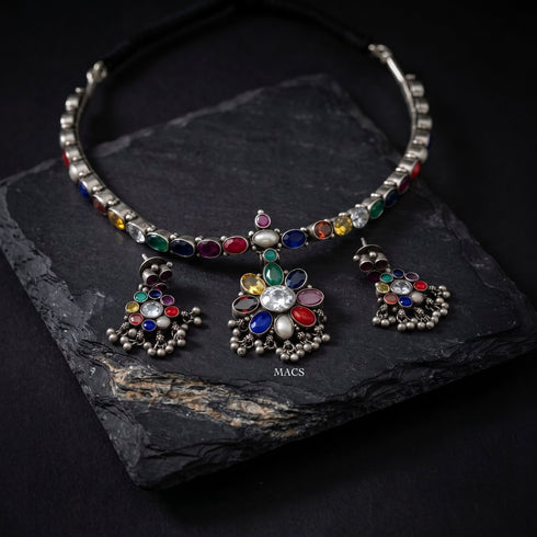 925 Navratna Addigai Silver Necklace Set (pre order)
