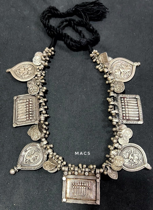 SIlver tribal motif vintage patdi necklace, old silver pendants