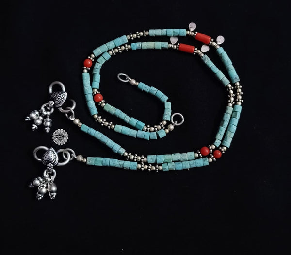 925 Silver Turquoise-Coral Bead anklet (pair)