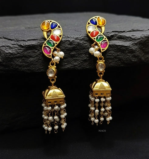 Navratna Kundan Peacock Pearl Jhumka