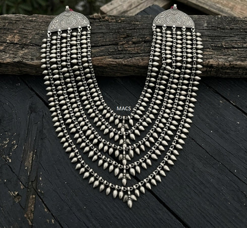 925 silver multi-strand statement necklace with dangling teardrop beads