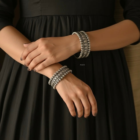 Classic Silver Kada for Women, Oxidised floral statement bangles in 925 silver