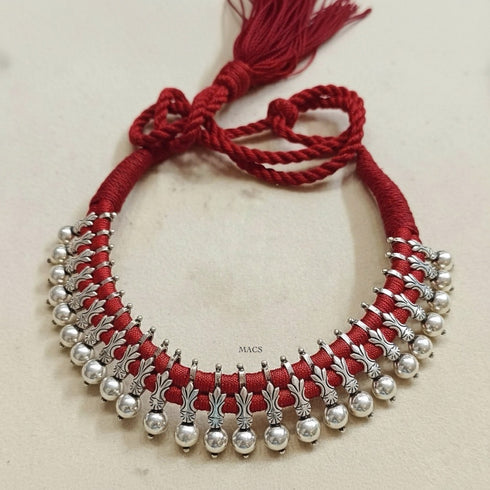 Handcrafted oxidised silver choker thread necklace for women