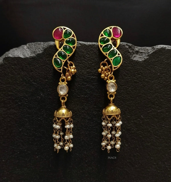 Green-Pink Kundan Peacock Pearl Jhumka