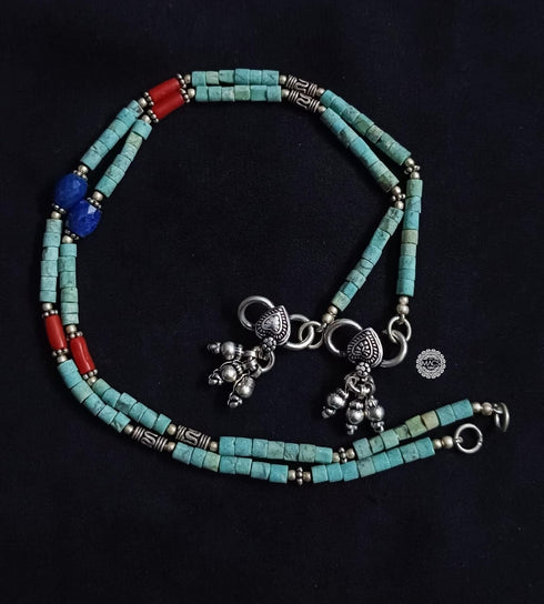 Turquoise-Coral-Lapis Bead Silver Anklet (pair)