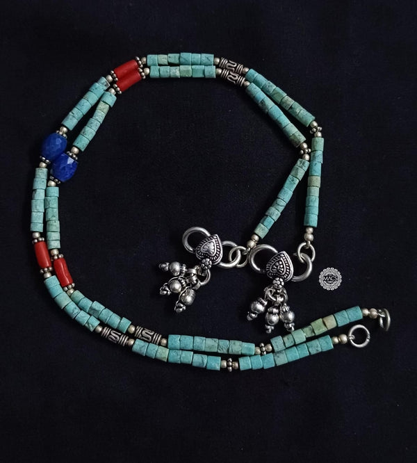 Turquoise-Coral-Lapis Bead Silver Anklet (pair)