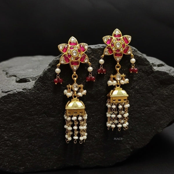 925 Multi Kundan Flower Pearl Jhumka