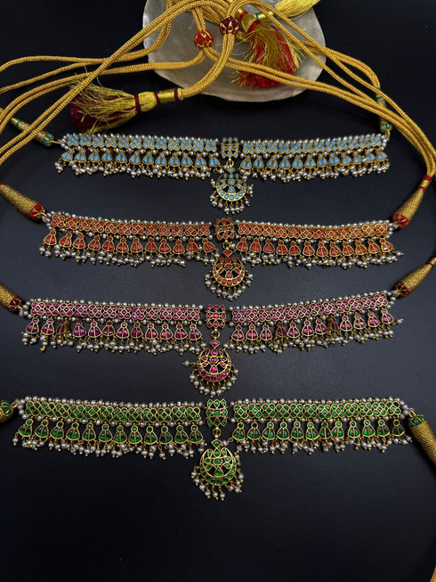 925 Silver Kundan necklaces in ruby, emerald green, turquoise and coral with pearls