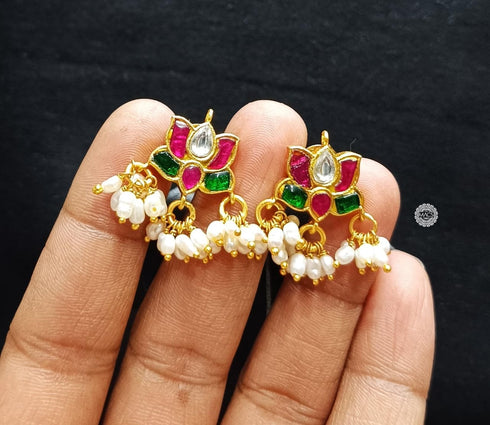Kundan Gold Lotus Pearl Earrings