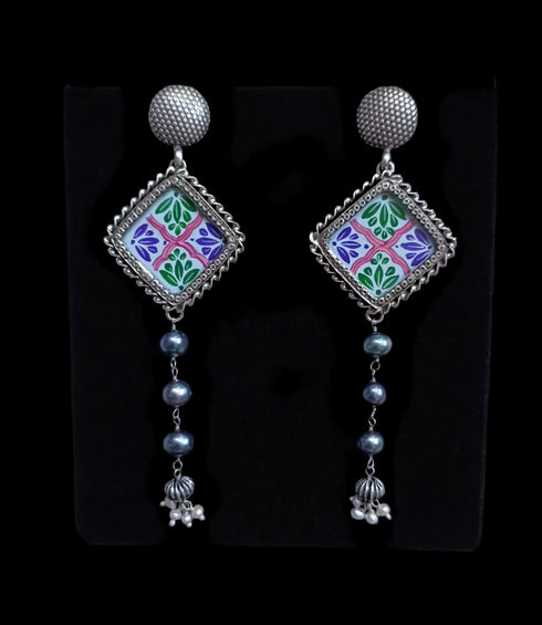 Handpainted silver earrings, Oxidised Sterling silver Glass Earrings, Blue hand painting pearl earrings