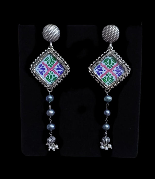 Handpainted silver earrings, Oxidised Sterling silver Glass Earrings, Blue hand painting pearl earrings