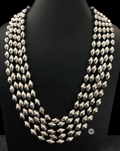 pure silver dholki necklace, layered silver jewellery, 5 line dholki mala