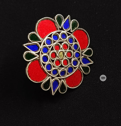 Red glass ring, Cocktail big glass Ring, Large 925 sterling silver ring, Silver glass flower ring