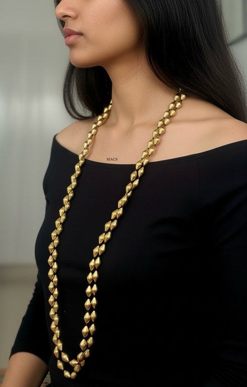 Extra long two line gold dholki mala necklace in 925 silver