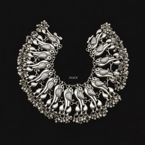 Handcrafted traditional Indian silver parrot anklets for brides