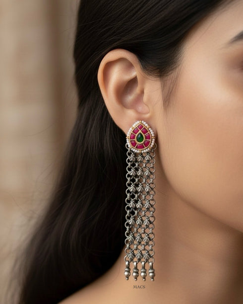 Long Silver Kundan Earrings