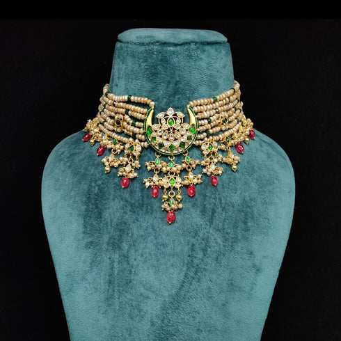 Jadau Kundan Layered Pearl Bridal Choker Necklace, Silver 925 Gold plated Kundan Necklace with white and green kundan stones, South Indian Jewels