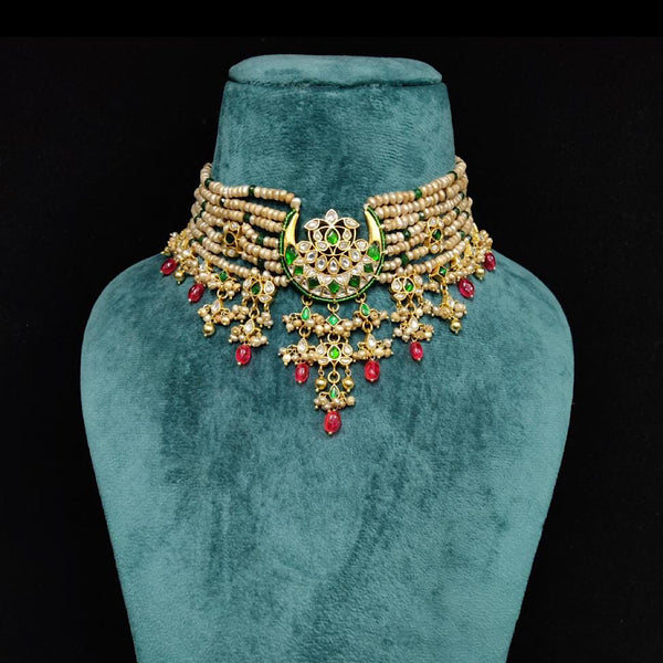 Jadau Kundan Layered Pearl Bridal Choker Necklace, Silver 925 Gold plated Kundan Necklace with white and green kundan stones, South Indian Jewels