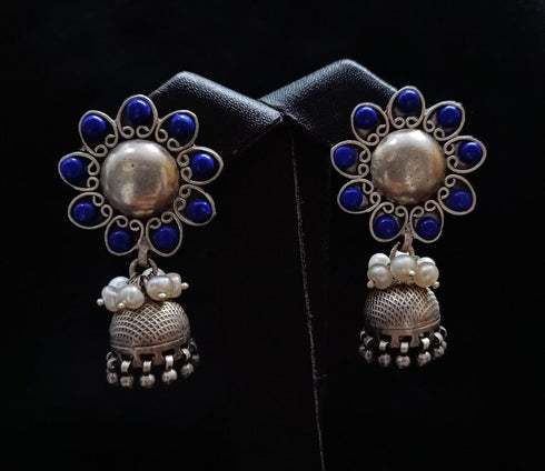 Silver Lapis Stone Jhumka