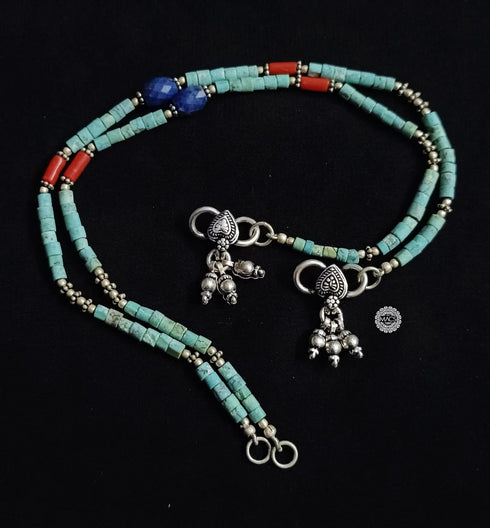 925 Silver Turquoise-Lapis-Coral Bead anklet (pair)