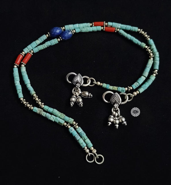 925 Silver Turquoise-Lapis-Coral Bead anklet (pair)