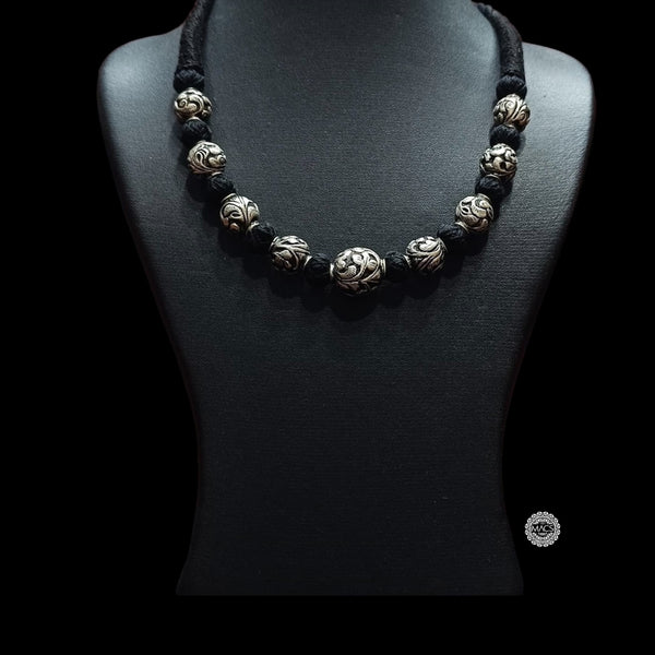 Chitai Silver Ball thread Necklace, Black Thread Choker, Intricate Chitai Work Silver Chain