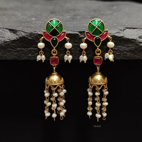Delicate Multi-Kundan Pearl Jhumka