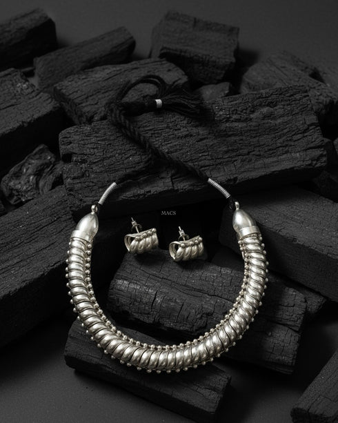Pure Silver Sutlada Necklace and earrings Set, Oxidized Silver Shindeshahi or Sutarla Flexible Necklace