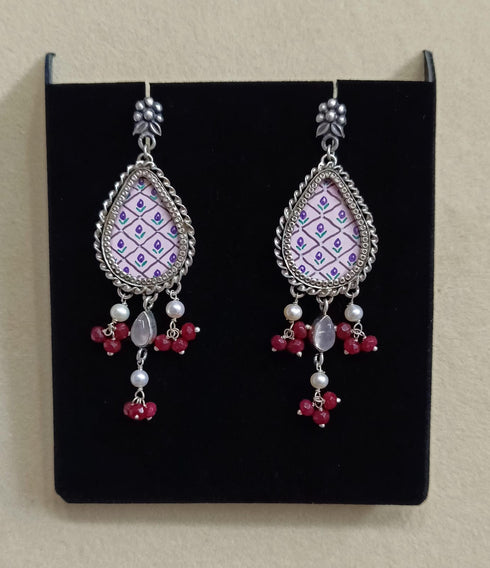 Pink hand painted pure silver earrings