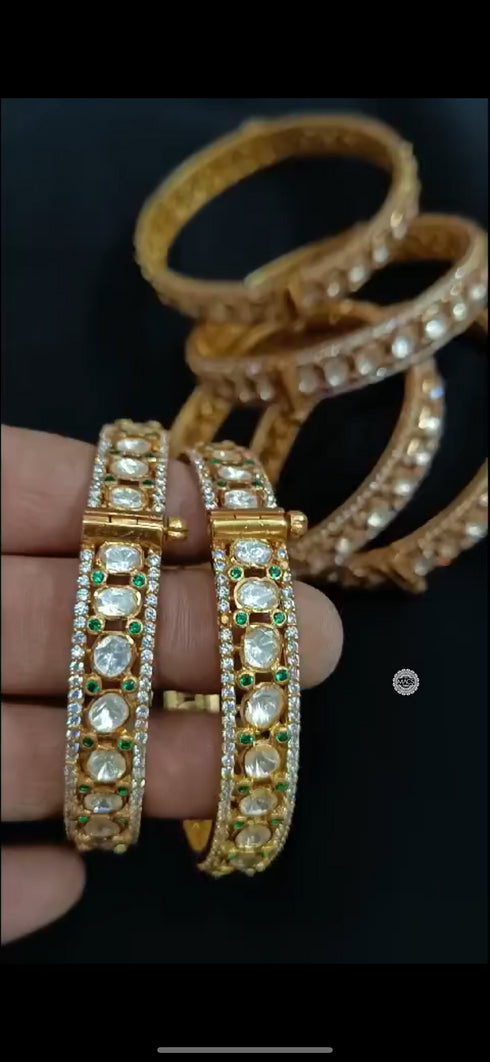 Moissanite bangles, 925 silver gold plated fine jewelry, White kundan stone bangles