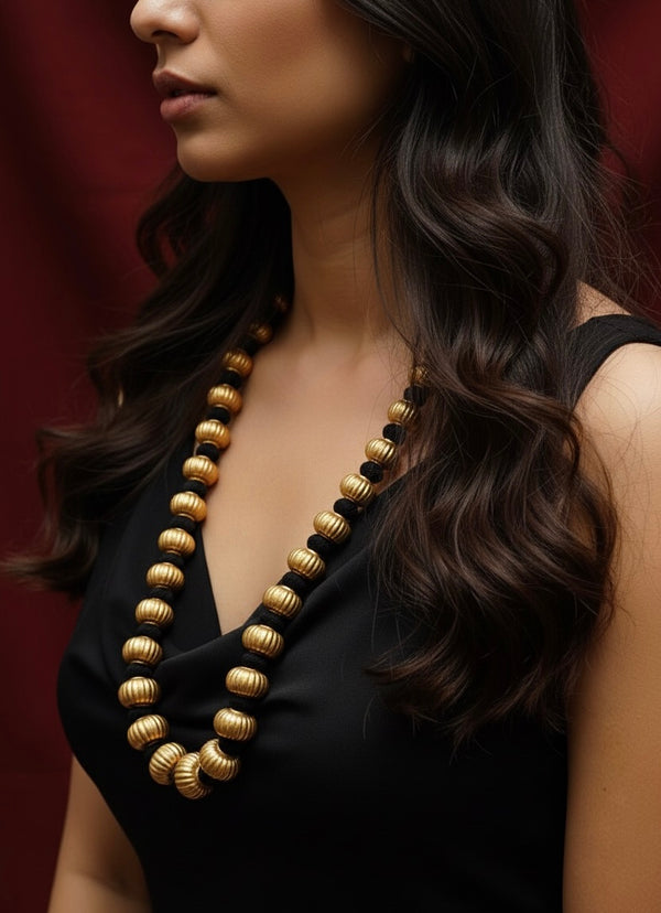 Gold plated Big Wax Carved Bead Necklace (oversized beads)