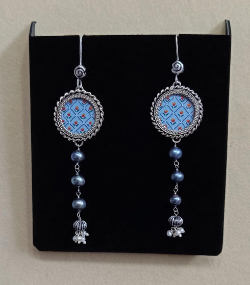 Blue hand painted long pearl silver earrings