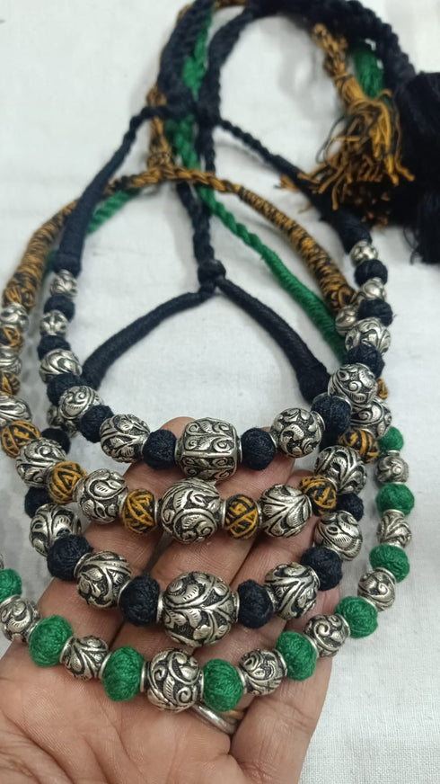 Chitai Silver Ball thread Necklace, Black Thread Choker, Intricate Chitai Work Silver Chain