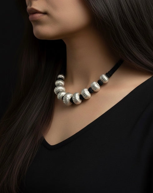 Wax Carved Beads Silver Necklace (oversized beads)