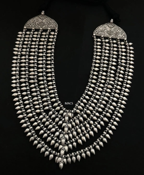 925 silver multi-strand statement necklace with ornate engraved connector and dangling teardrop paisley silver beads