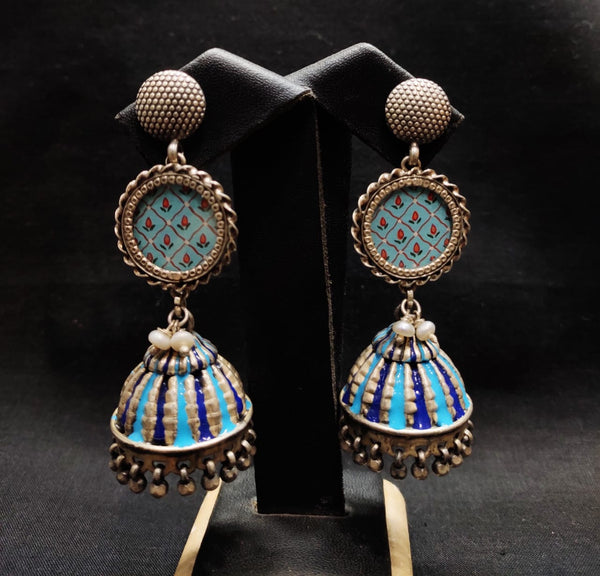 Blue Painting Silver Jhumka