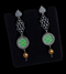 Silver green handpainted earrings, 925 sterling silver long drop earrings