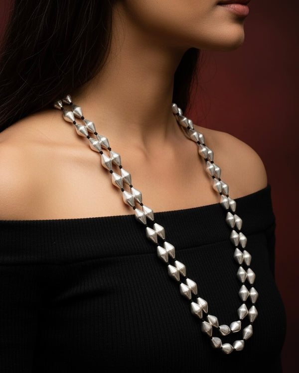 Two Line Dholki Beads Silver Necklace
