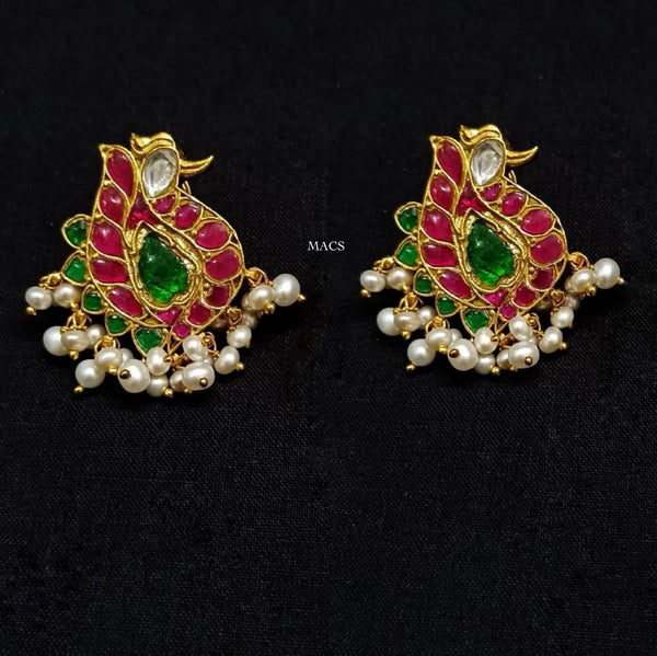 Kundan Pink-Green Peacock Studs