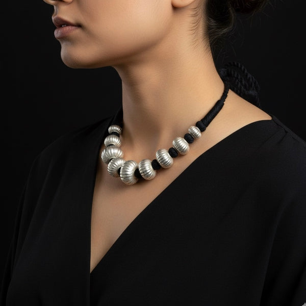 Wax Carved Beads Silver Necklace (oversized beads)