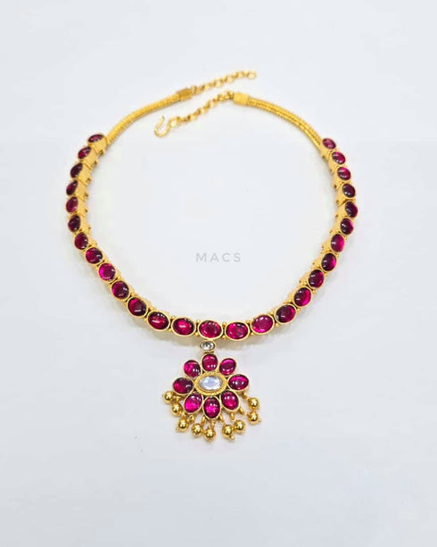 925 silver Ruby Pink Kundan addigai necklace, Gold plated Silver Attigai