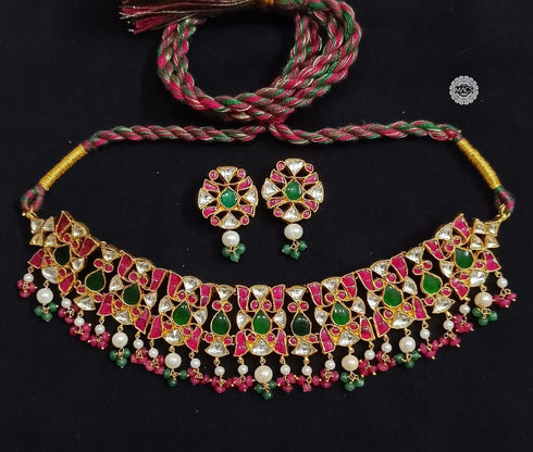 Gold Plated Multi Kundan Choker Necklace, Sabyasachi Bridal necklace, Jadau Kundan 925 Silver Necklace with studs