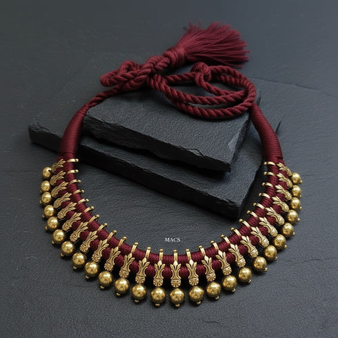 Maroon thread gold ball necklace handcrafted in 925 pure silver