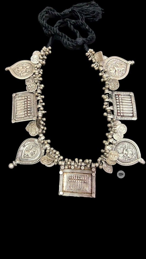 Silver Antique Pendant Necklace, Vintage old silver tribal motif necklace, Buy Pure Silver Necklace Online, Tribal Silver Jewellery from villages of Rajasthan