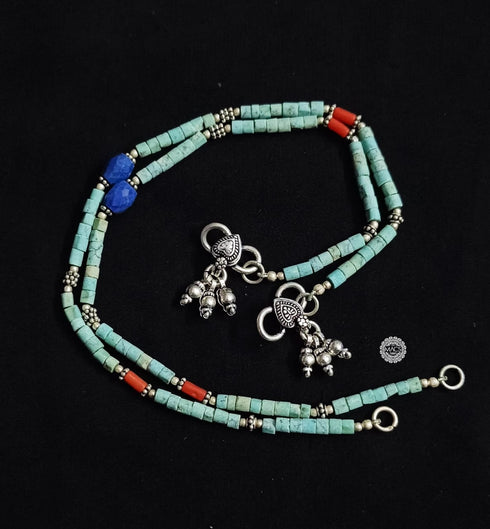 Turquoise-Coral-Lapis Bead Silver Anklet (pair)